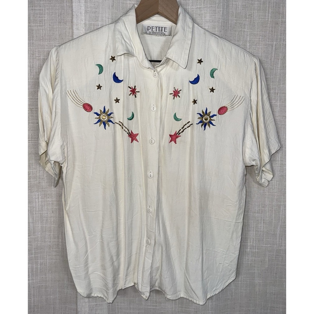 Vintage Y2K 90s Blouse Shirt Petite Sophisticates Celestial Moon Stars